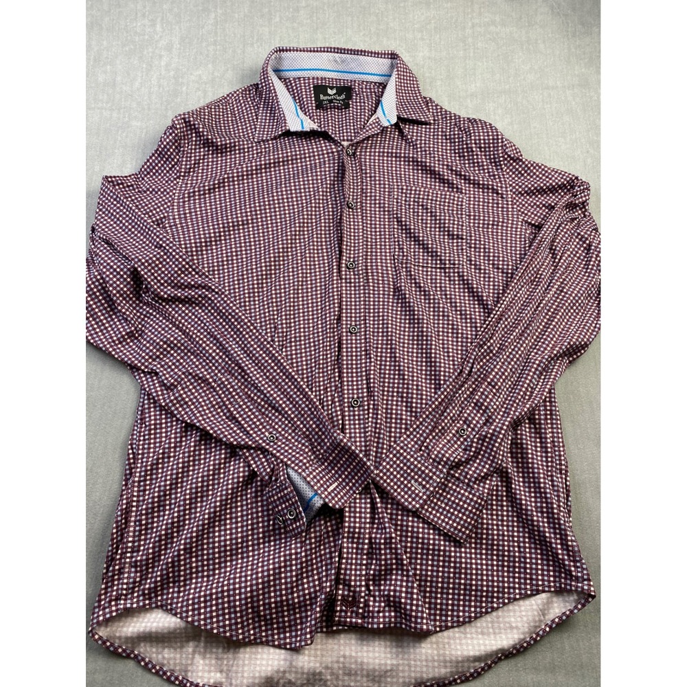 Buttercloth Mens 2XL Slim Fit Button Down Shirt Maroon Blue Gingham Cotton LS